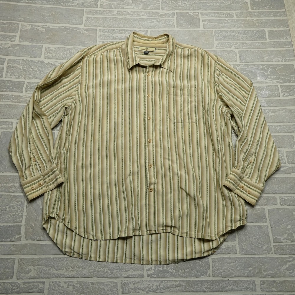 Tommy Bahama Shirt Adult 2XL Beige Striped 100% Tencel Lyocell Button Up